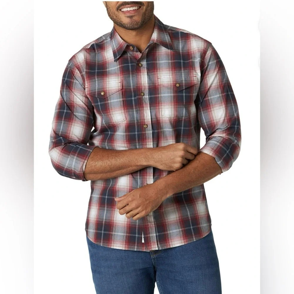 Wrangler Slim Fit Stretch Plaid Pearl Snap Shirt. Red Blue White XXL 2XL R1